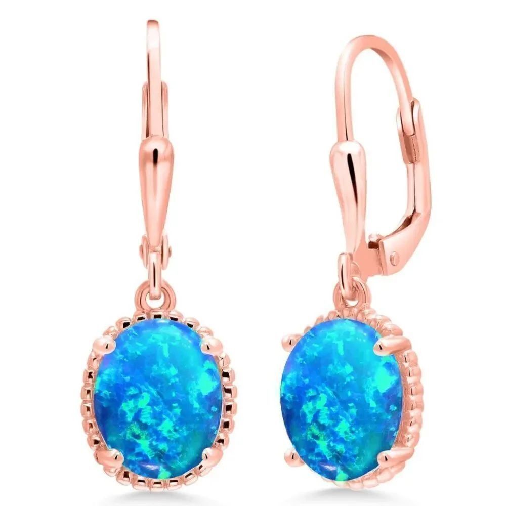 18K Rose Gold 925 with 1.12 Cttw Blue Opal Oval Leverback Hook Earrings